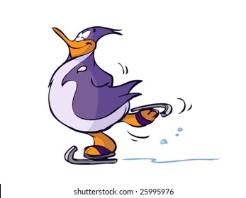 Penguin is skating on ice