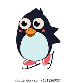 Penguin Skating on Ice. Vector Illustartion