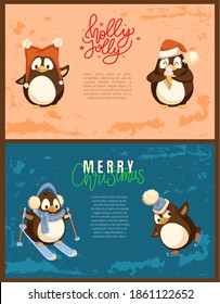 Penguin skating and skiing, enjoying ice-cream in warm headdress with pompon. Colorful greeting Merry Christmas and Holly Jolly with seabird vector