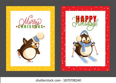 Penguin skating in warm hat. Merry Christmas and Happy New Year greeting cards. Bird in earmuffs and scarf on skis with sticks. Polar animal isolated vector