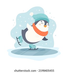 Penguin skating. Winter character with hat and scarf ice skates on ice rink. Cute seasonal vector illustration in flat cartoon style