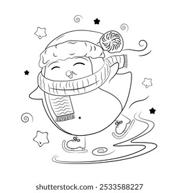 Penguin skating in winter hat. Page for coloring book