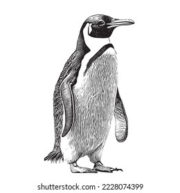 Esbozo de pingüino dibujado a mano con el estilo de grabado de animales del mar Ilustración vectorial.