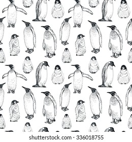 
Penguin sketch seamless pattern. Hand drawn vector illustration.