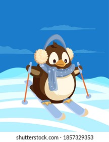 Penguin skiing at Antarctica among snowdrifts. Arctic bird on skis in earmuffs and scarf, ice and blue sky, winter sport, Christmas and New Year vector