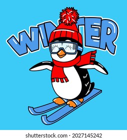 PENGUIN SKIING, COATED WITH SCARF AND HAT
