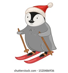 Penguin skiing in hat isolated on white background