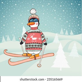 Penguin skiing  - Illustration