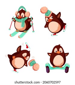 Penguin skiing and skating in warm hat and earmuffs with scarf. Running animal falling. Set of winter activities isolated on white vector