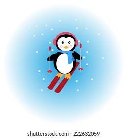 Penguin skiing in the snow