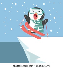 Penguin with skis on Mountain
