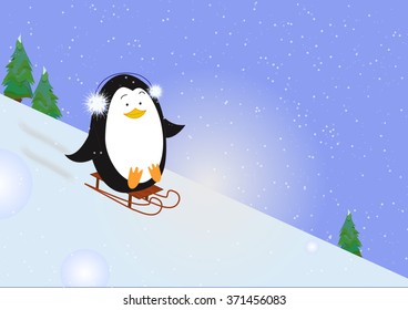 Penguin sledding down the hill. Funy winter-sport.