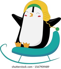 Penguin sledding vector. Christmas activity penguin illustration.