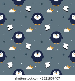 Penguin sleep cartoon so cute. On iceberg cloud moon star background. Pattern seamless vector illustration. 