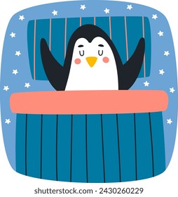 Penguin Sleeping In Bed Vector Illustration