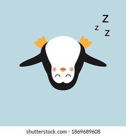 Penguin is sleeping. Cartoon character. Bird, wildlife, animal. Lying position. Vector illustration.