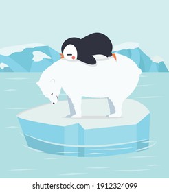 penguin sleeping with polar bear  at North pole Arctic background