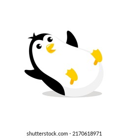 Penguin slides down a hill. Mascot cartoon vector illustration.