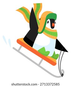Un pingüino se desliza por una ladera cubierta de nieve con un sombrero y una bufanda verdes