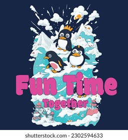 Penguin and slogan. Fashion kids print. Trend t-shirt print