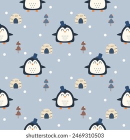 Penguin smile cartoon so cute. On tree snow blue background. Pattern seamless vector illustration. 