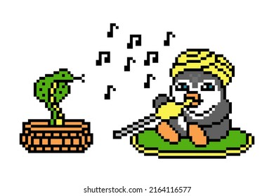 Penguin snake charmer in a yellow turban sitting and playing pungi to hypnotize a cobra in a basket, pixel art animal character isolated on white background. Indian mascot. 8 bit video game graphics.