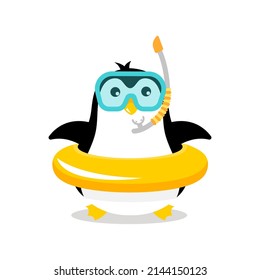 Penguin snorkeling masks. Diving and swimming. Mascot cartoon vector illustration.