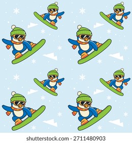 Penguin Snowboard Seamless Pattern Blue