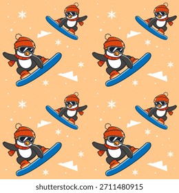 Penguin Snowboard Seamless Pattern Orange
