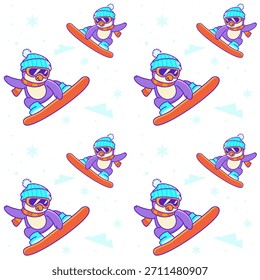 Penguin Snowboard Seamless Pattern White