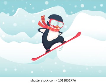 Penguin snowboarder at jump. Penguin cartoon vector illustration.