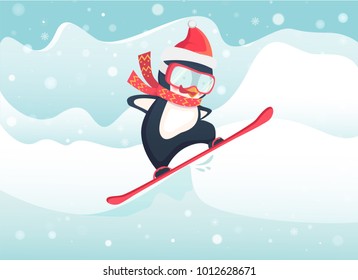 Penguin snowboarder at jump. Penguin cartoon vector illustration.