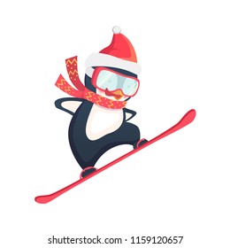 Penguin snowboarder at jump. Penguin cartoon vector illustration.