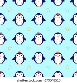 Penguin snowflake seamless pattern vector
