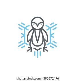 Penguin in snowflake symbol, isolated vector logo for winter clothes or frozen products, icecream. 