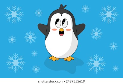 A penguin with snowflakes around