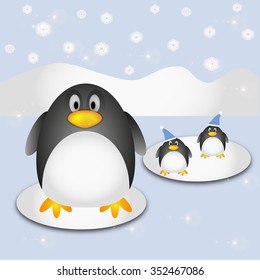 Penguin and snowflakes illustration on winter background. Vector 