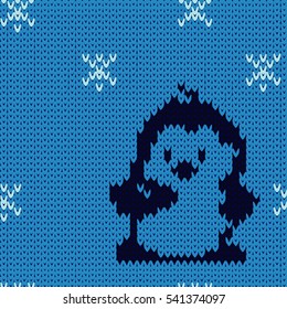 Penguin and snowflakes knitted pattern on blue background. Knitted style seamless patters. Winter holidays seamless background. 