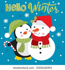 Penguin and Snowman For Christmas Card or Bag design