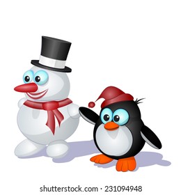 ?ute  penguin and  snowman on  white background