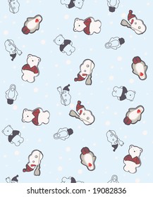 penguin, snowman and polar bear standing in front of snowflakes