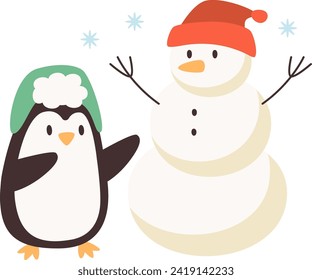 Penguin And Snowman Vector Illustration