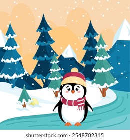 Penguin in snowy forest with sunset background, Vector