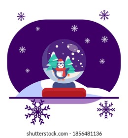 Penguin in snowy glass ball on violet backdrop. Christmas holiday postcard for invitation or gift card, notebook, bath tile, scrapbook. Phone case or cloth print. Flat style stock vector illustration