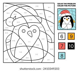 Penguin. Solve the problem, color the picture. Addition, Subtraction. Coloring book. Coloring book. Kawaii, cartoon, vector. Isolated vector illustrat