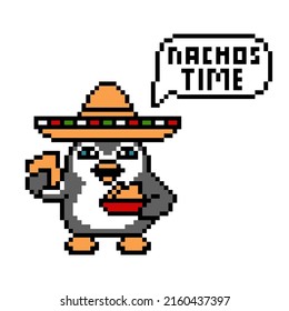 Penguin in a sombrero hat eating nachos (tortilla chips), pixel art character on white. "Nachos time" text in speech bubble. Retro 80's-90's video game graphics. Cartoon 8 bit mexican food mascot.