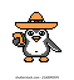 Penguin In A Sombrero Hat Eating Taco, Pixel Art Animal Isolated On White Background. Retro 80's-90's  Slot Machine, Video Game Graphics. Cartoon 8 Bit Mexican Food Brand Character. Taqueria Mascot.