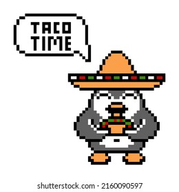 Penguin in a sombrero hat eating taco, pixel art animal character on white. "Taco time" text in a speech bubble. Retro 80's-90's  slot machine, video game graphics. Cartoon 8 bit mexican food mascot.