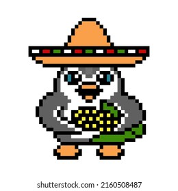 Penguin in a sombrero hat holding big corn, pixel art animal character isolated on white background. Retro 80's-90's slot machine, video game graphics. Cartoon 8 bit traditional mexican food mascot.