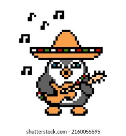 Penguin in a sombrero hat playing guitar and singing, pixel art animal on white. Latin music bird character. Old school retro 80's-90's 8 bit slot machine, video game graphics. Cartoon mexican mascot.